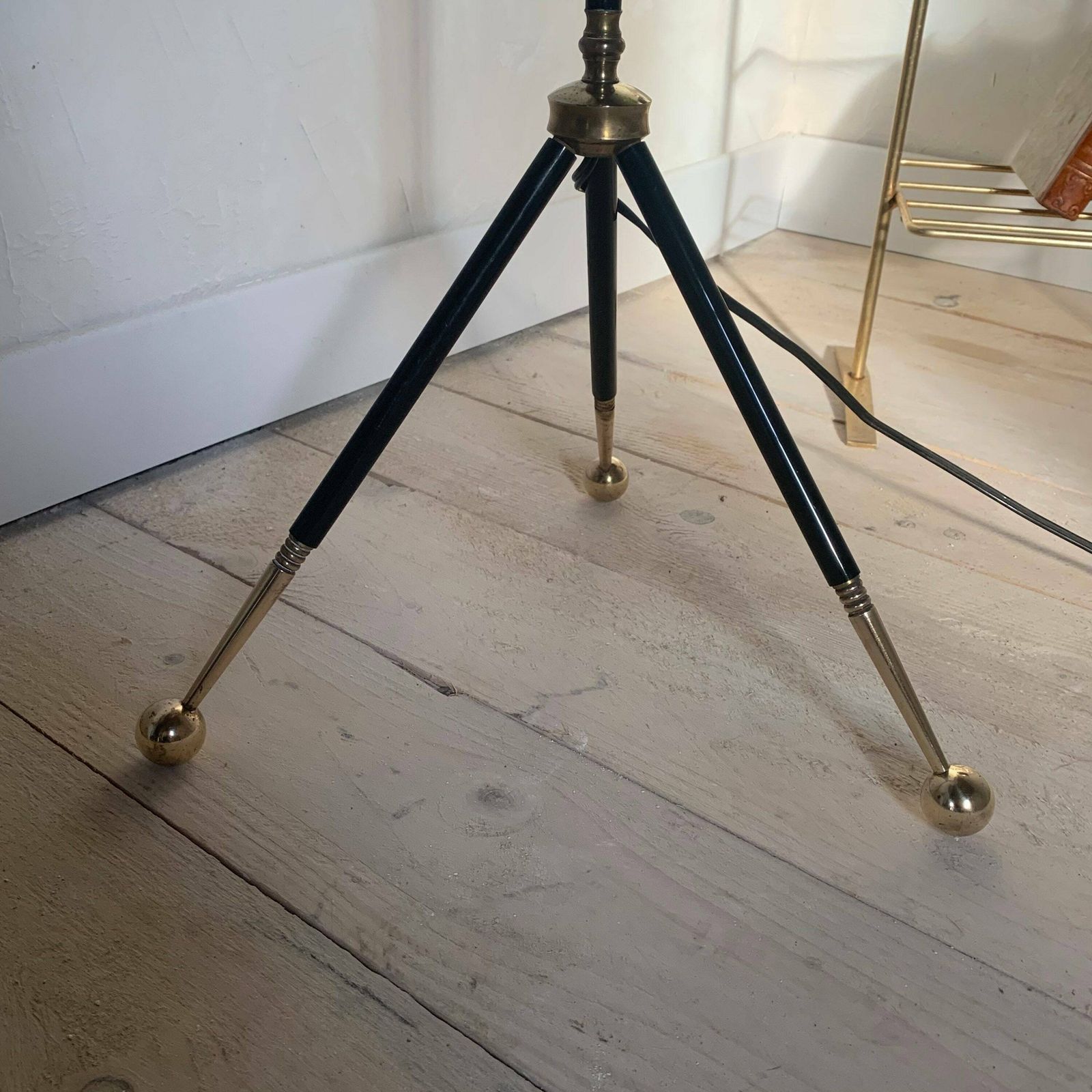 Vintage Black Metal Tripod Floor Lamp And Brass Ball photo vinterior