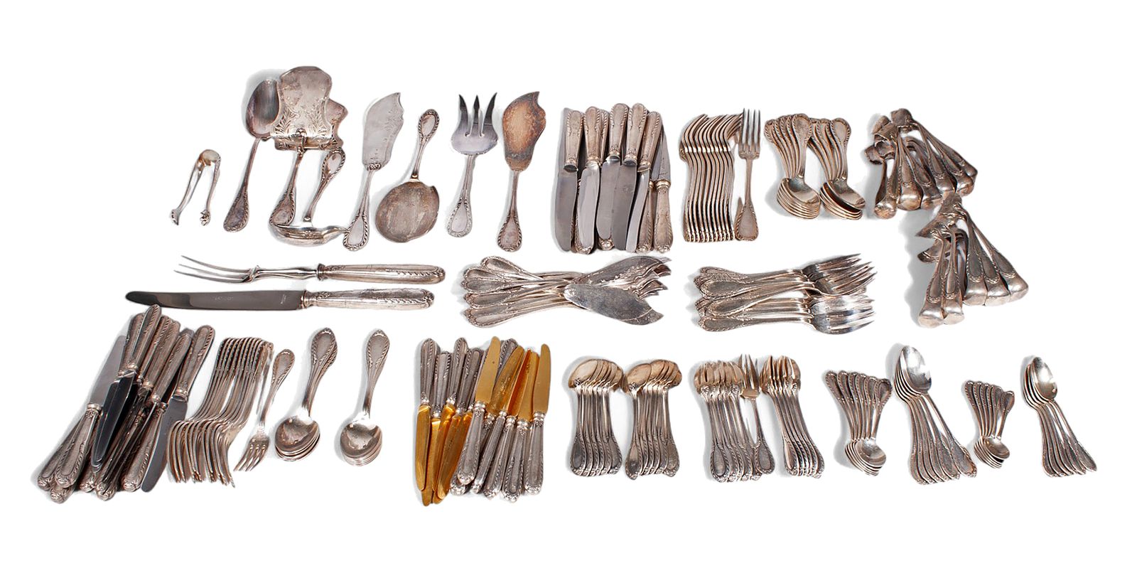 Early 20th Century Art Nouveau 12 Service Stainless Metal Flatware 176 Pieces Set Made In France Imported To Argentina By Walser, Wald Y Cia.