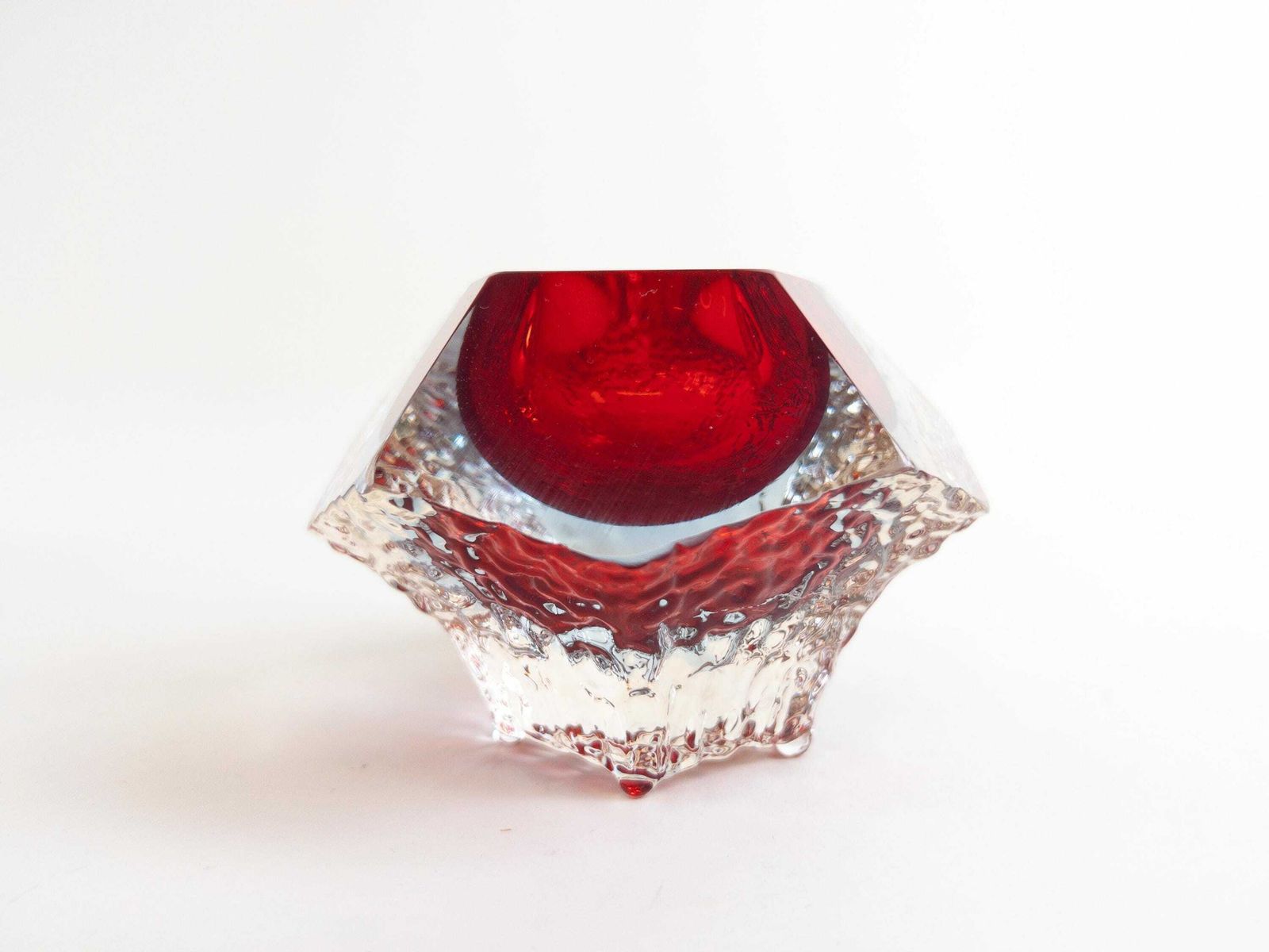 Murano Textured Sommerso Faceted Bowl In Red, Blue And Clear By Mandruzzato Glass Company   Made In Italy photo buy