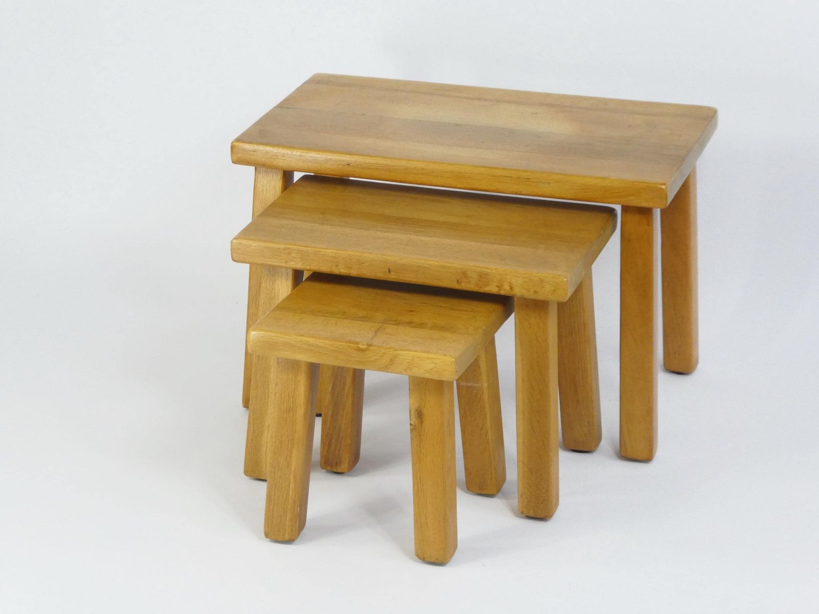 Vintage Wooden Nesting Set Of 3 Rectangular Tables, Brutalist Light Oak Primitive Milking Stools, Beautiful Side Tables, Plant Stand photo Furniture
