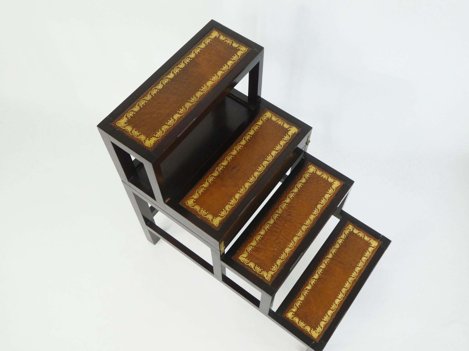 Metamorphic Wooden Stairs With Leather, Foldable Library Steps With Brown Inlaid Leather, Large Edwardian Bookcase Ladder photo for sale