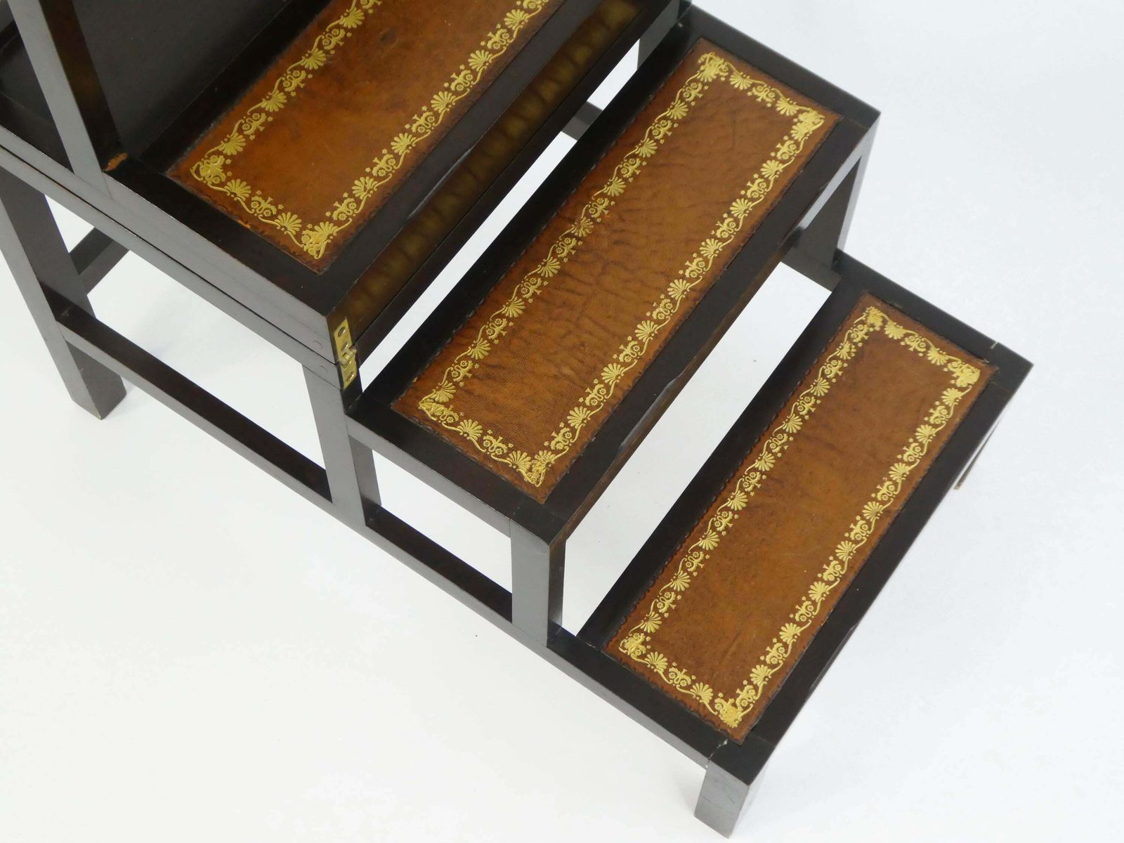 Metamorphic Wooden Stairs With Leather, Foldable Library Steps With Brown Inlaid Leather, Large Edwardian Bookcase Ladder photo buy
