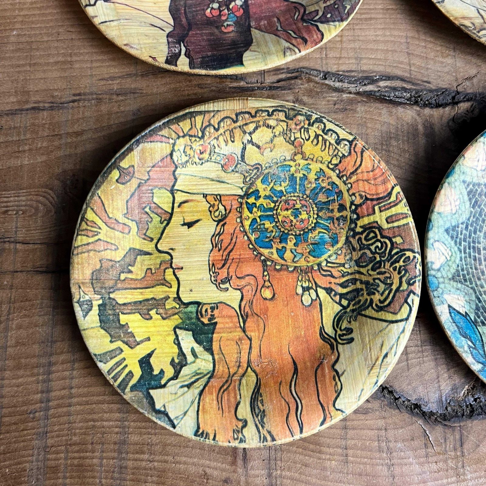 photo for sale Vintage Mucha Art Nouveau Bamboo Dishes Coasters, Drinkware, Kitchen Decor, Coffee Mats, Living Room Design, Collectibles Piece