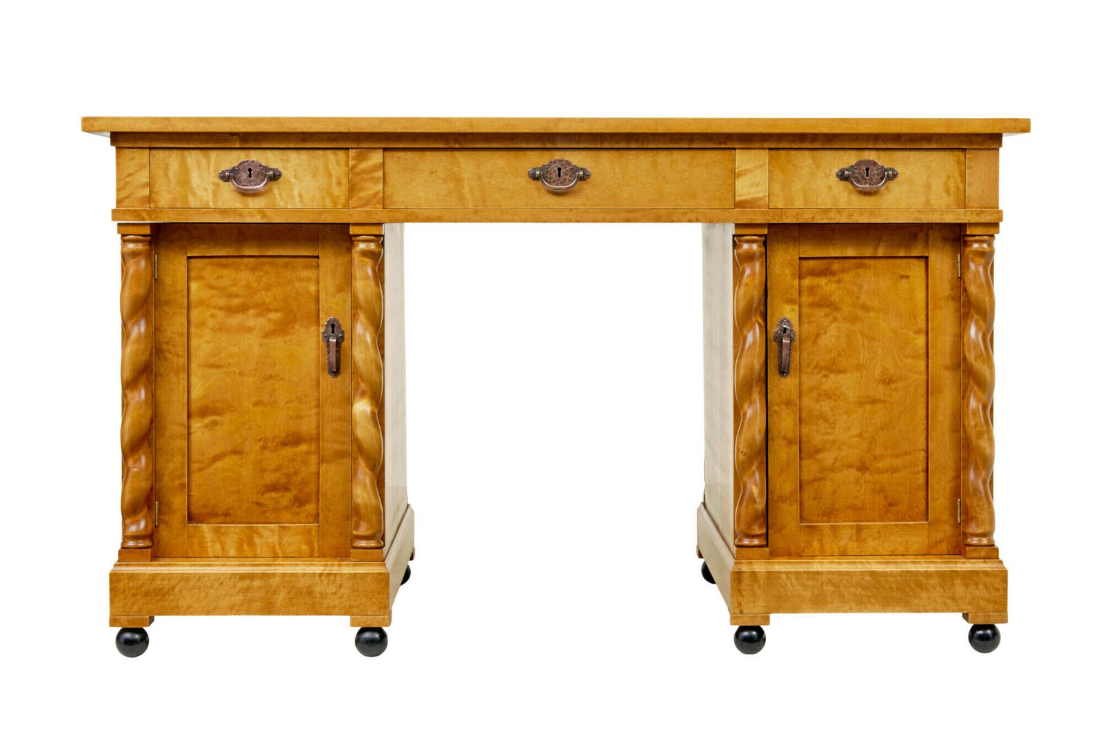 Furniture Swedish Early 20th Century Carved Birch Pedestal Desk photo