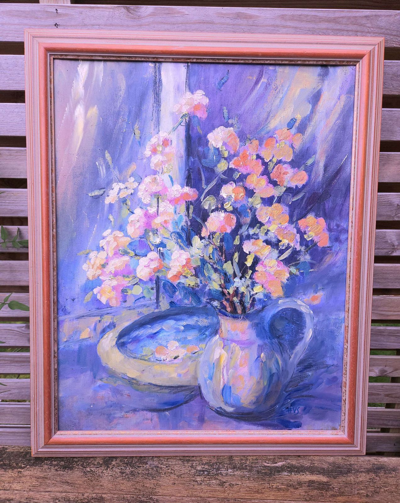 Mid Century Framed Oil On Board Of Floral Bouquet Entitled 'The Gift photo Art