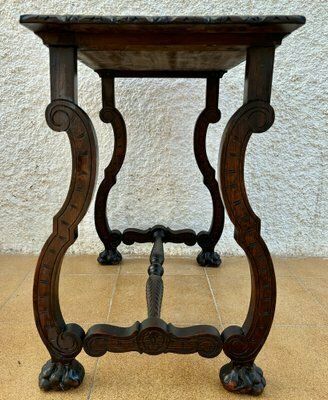 photo for sale Early 19th Century Baroque Spanish Side Table With Lyre Legs And Marquetry Top, 1890s