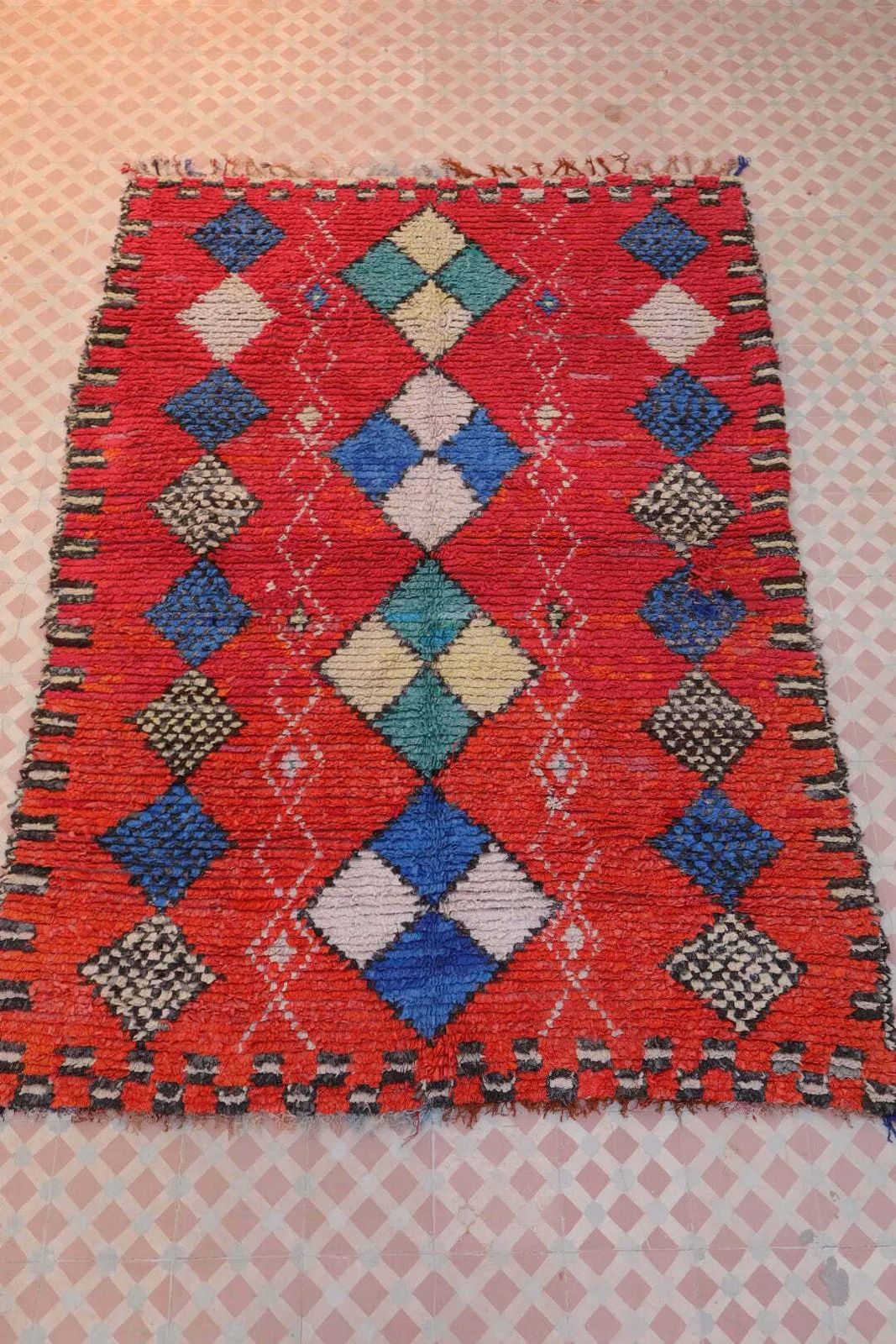 Red Boucherouite Berber Carpet   215 X 150 Cm photo for sale