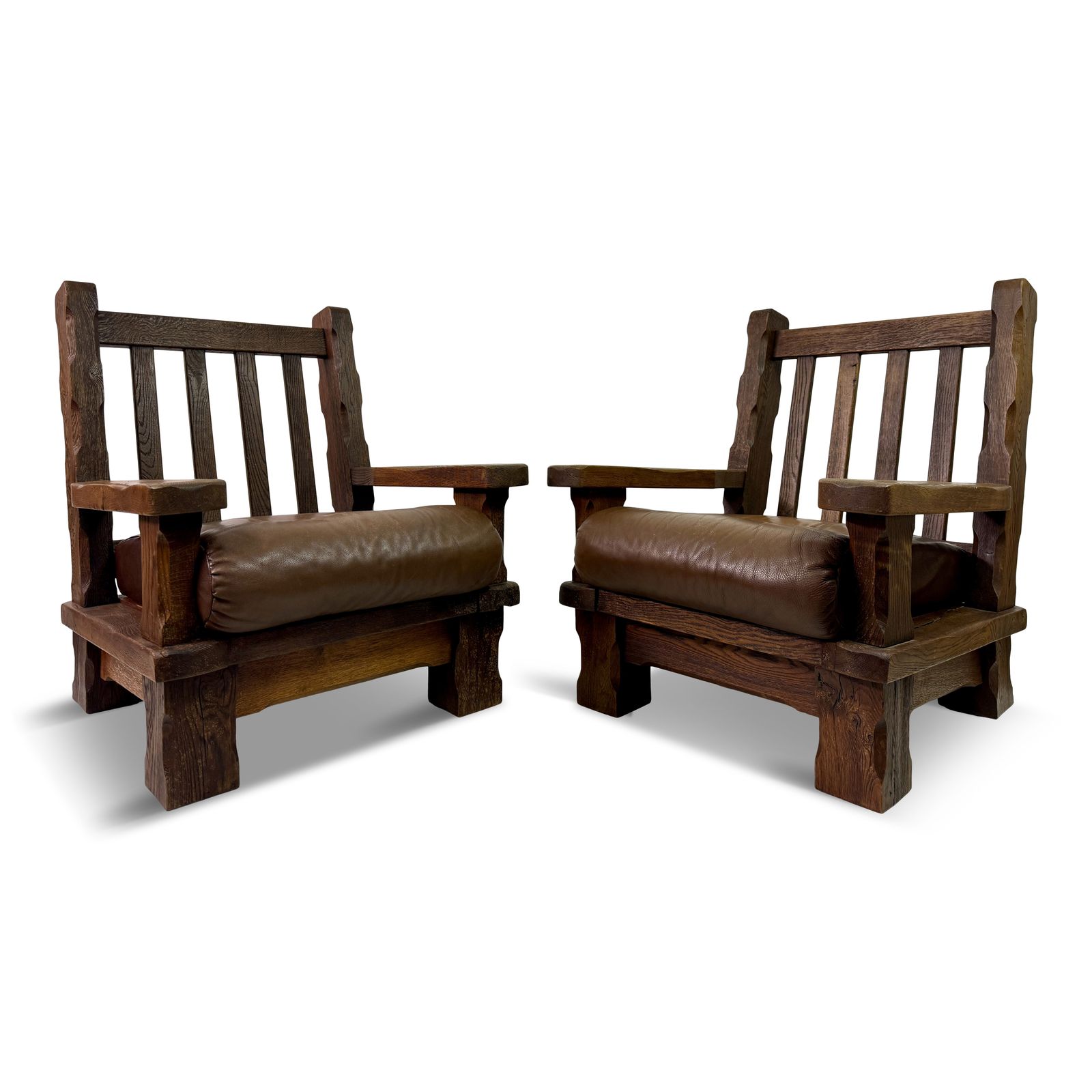 Pair Of 1960s Heavy Oak Brutalist Armchairs