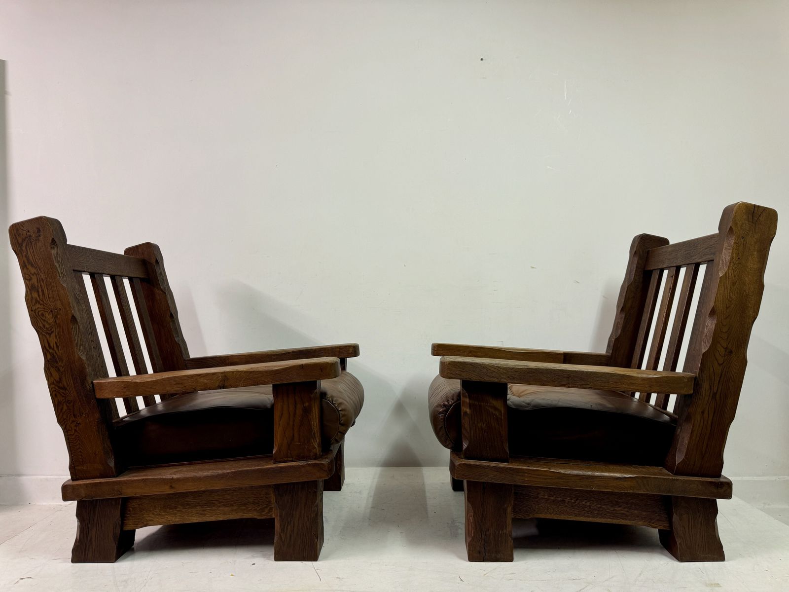 photo vintage Pair Of 1960s Heavy Oak Brutalist Armchairs