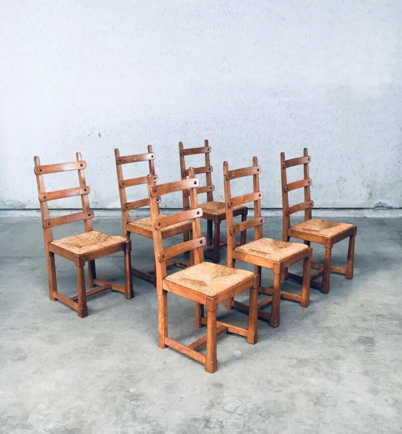 Rustieke Brutalist Design Eiken Lattenrug Eetkamerstoelen, België Jaren 1960