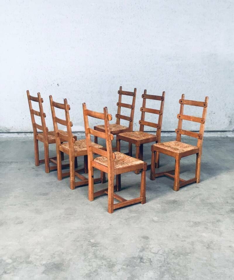 Rustieke Brutalist Design Eiken Lattenrug Eetkamerstoelen, België Jaren 1960 photo furniture