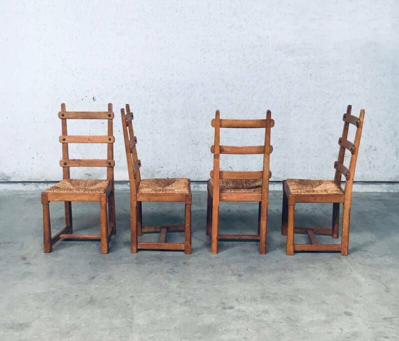 Rustieke Brutalist Design Eiken Lattenrug Eetkamerstoelen, België Jaren 1960 photo vinterior