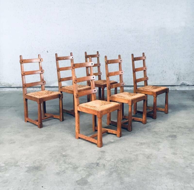Rustieke Brutalist Design Eiken Lattenrug Eetkamerstoelen, België Jaren 1960 photo buy