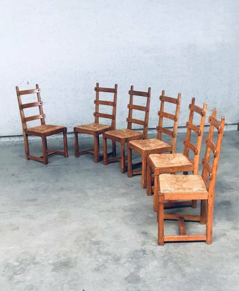 Meubels Rustieke Brutalist Design Eiken Lattenrug Eetkamerstoelen, België Jaren 1960 photo