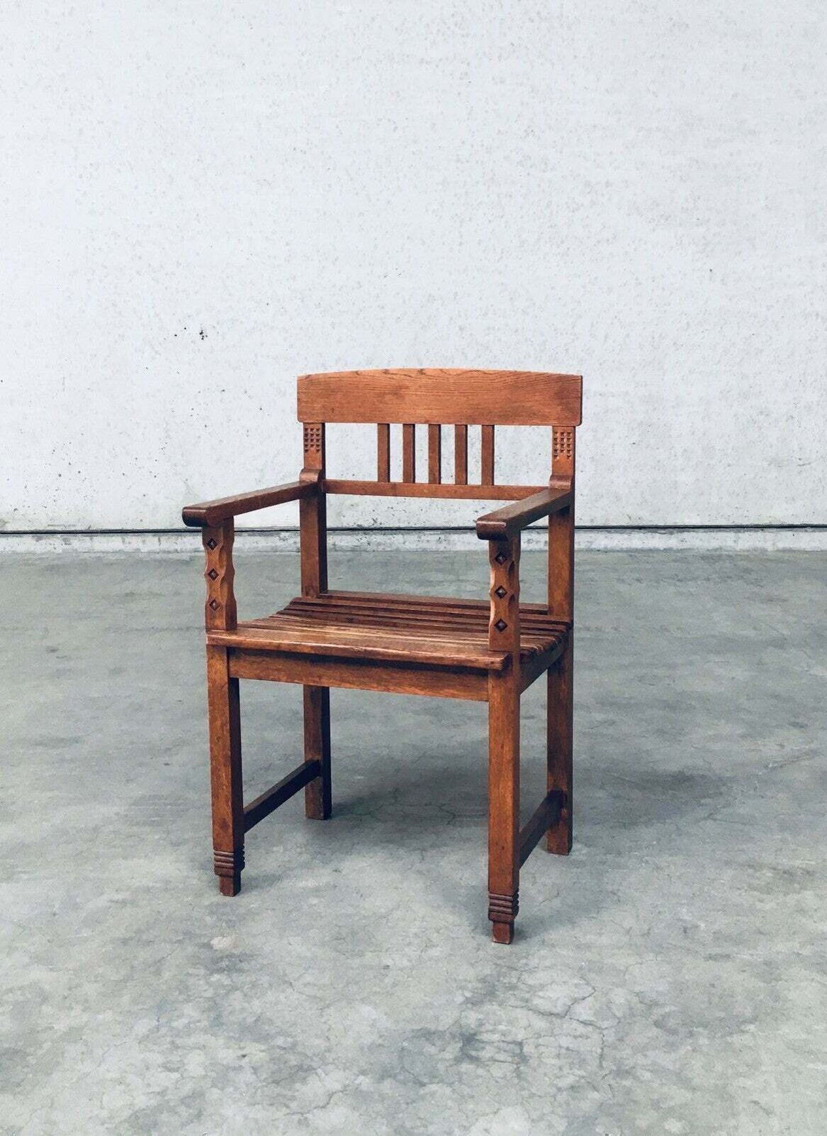 Dutch Modernism Design Carved Oak Arm Side Chair, Netherlands 1920's