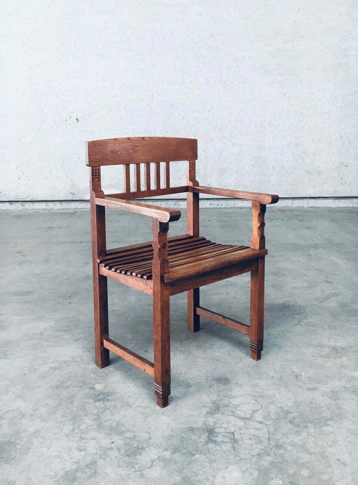 Dutch Modernism Design Carved Oak Arm Side Chair, Netherlands 1920's photo furniture