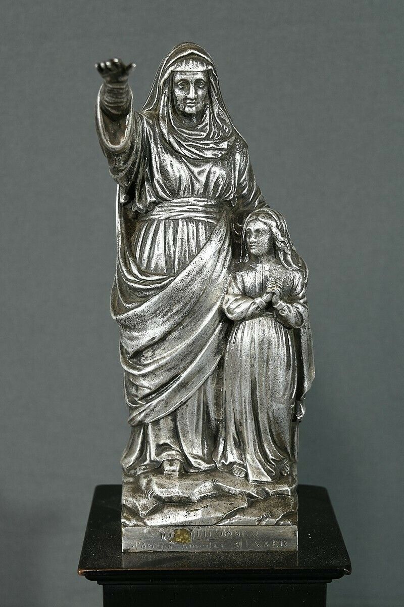 “Saint Anne And The Virgin” Statuette In Silver Plated Metal, By Guillonneau – Late 19th Century photo for sale