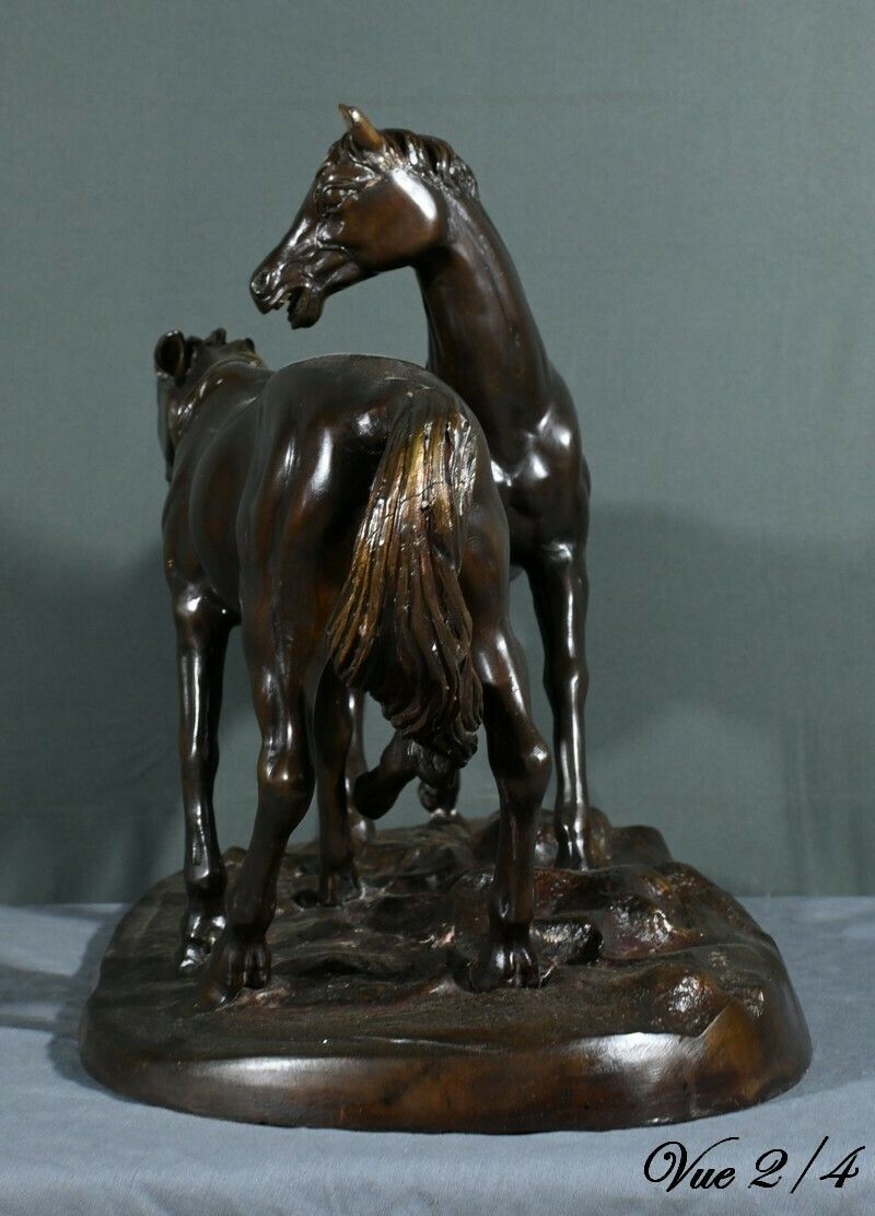 photo vintage Bronze “Arabian Horses”, After Pj. Mène – Early 20th Century