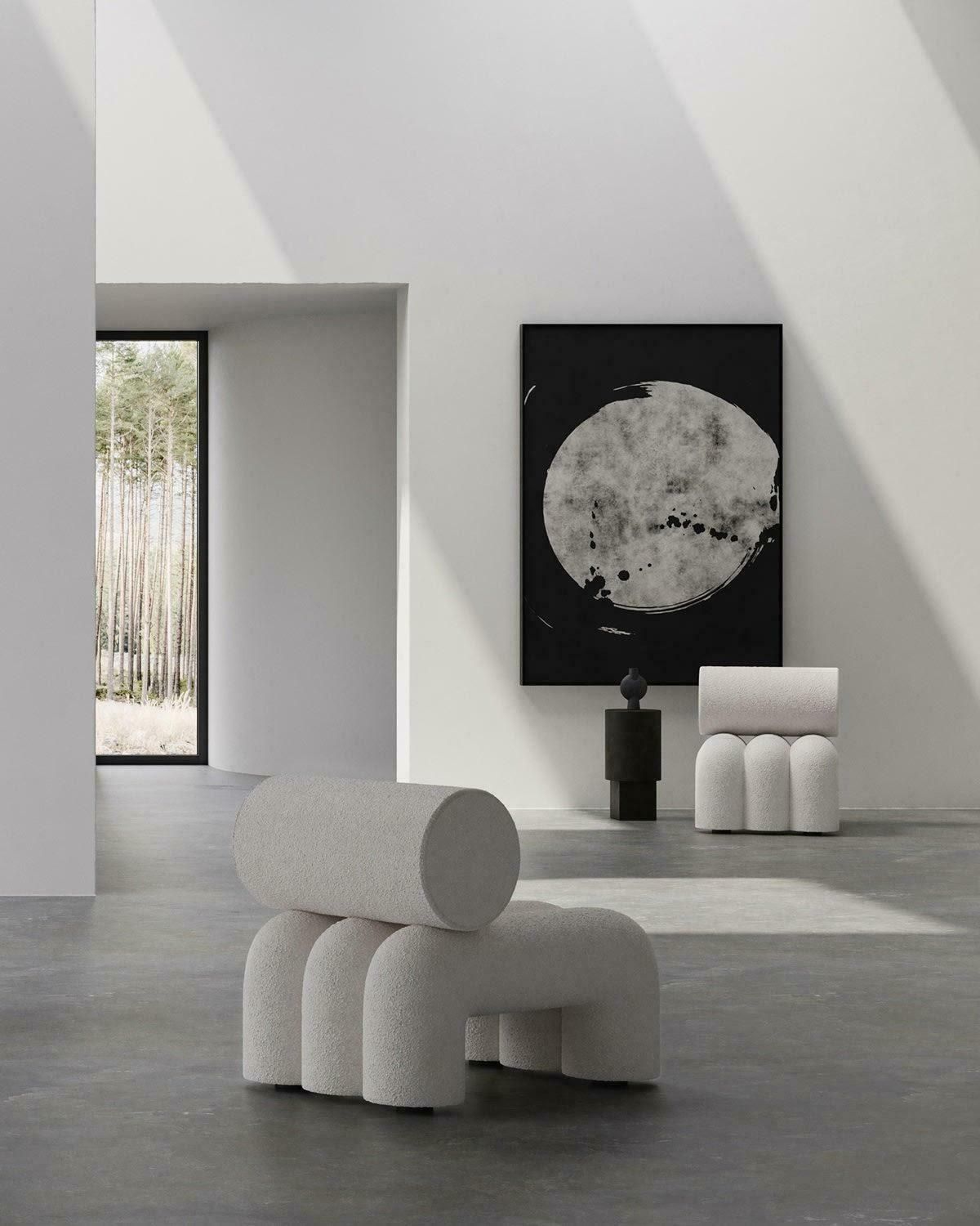 Pair Of Contemporary Armchairs, Model Foku, Off White Colour, Curly Fabric . photo buy