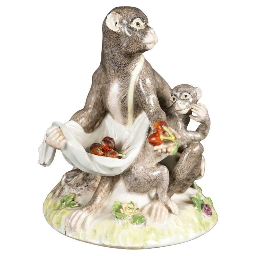An 18th Century Meissen Porcelain Subject Representing A Monkey And Its Young.