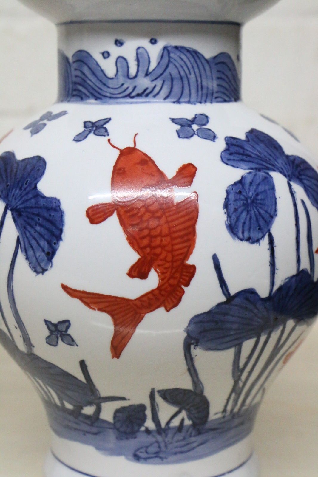A Pair Of Chinese Ceramic Vases Aquatic Blue & White Orange Fish Koi Decorative photo vintage