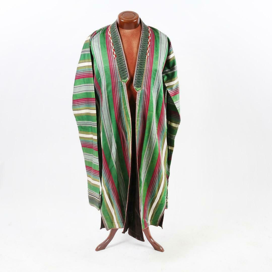 Antique Turkmen Silk Chapan Robe, Cream And Cream Striped Textile Dressing Gown photo 2443.0