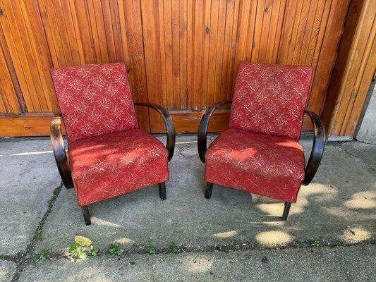 photo for sale Red Lounge Chairs By Jindrich Halabala For Up Zavody, 1930s, Set Of 2