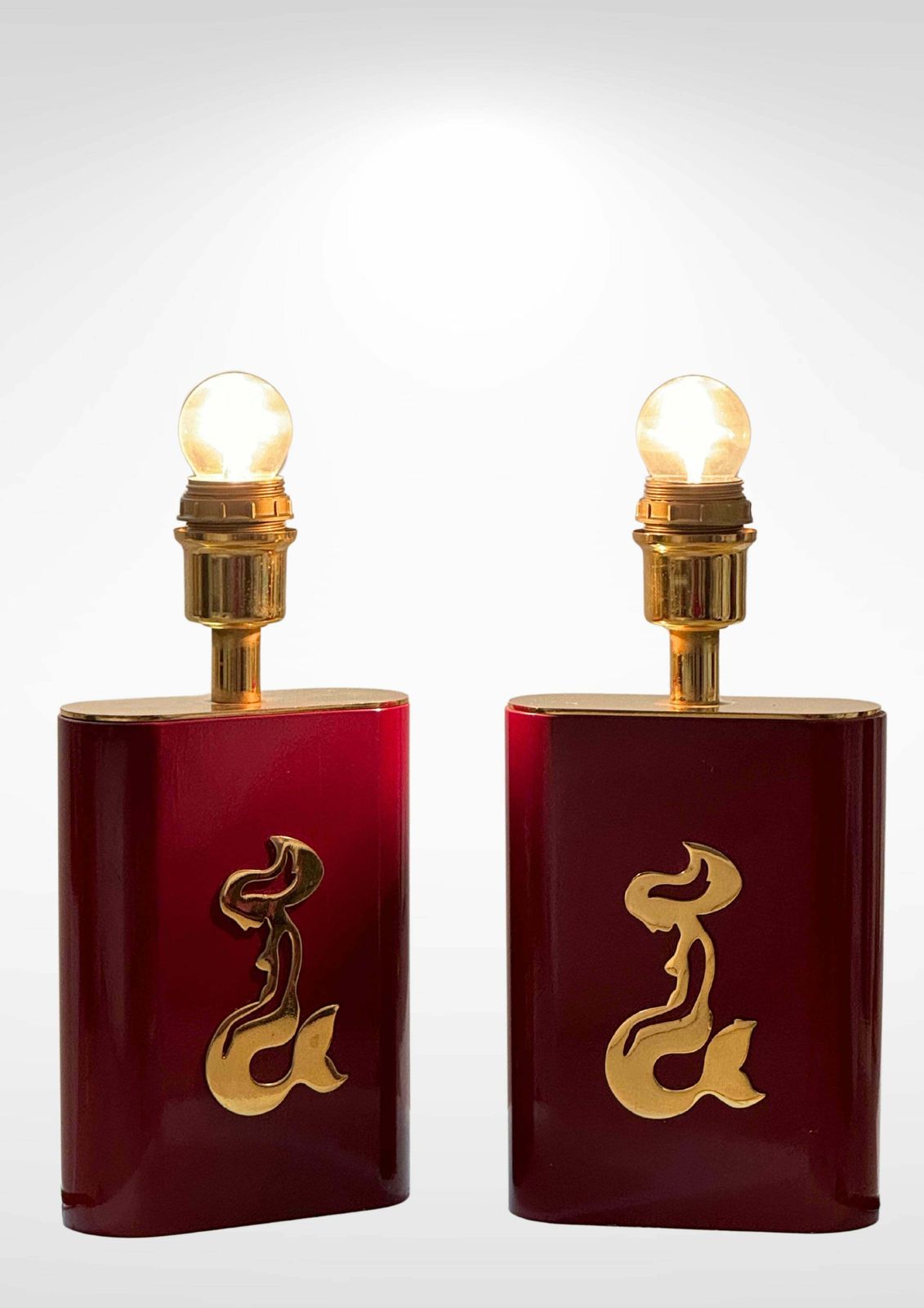 Pair Of Table Lamps In Red Lacquer & Brass Made In Belgium Circa 1970s photo furniture