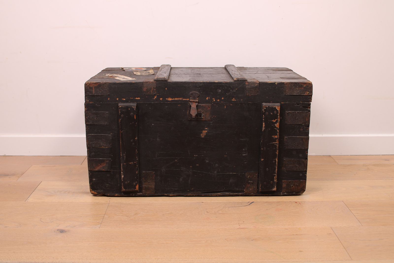 A Vintage Black Wooden Trunk With Hinged Lid   Blanket Box   Log Storage photo vintage