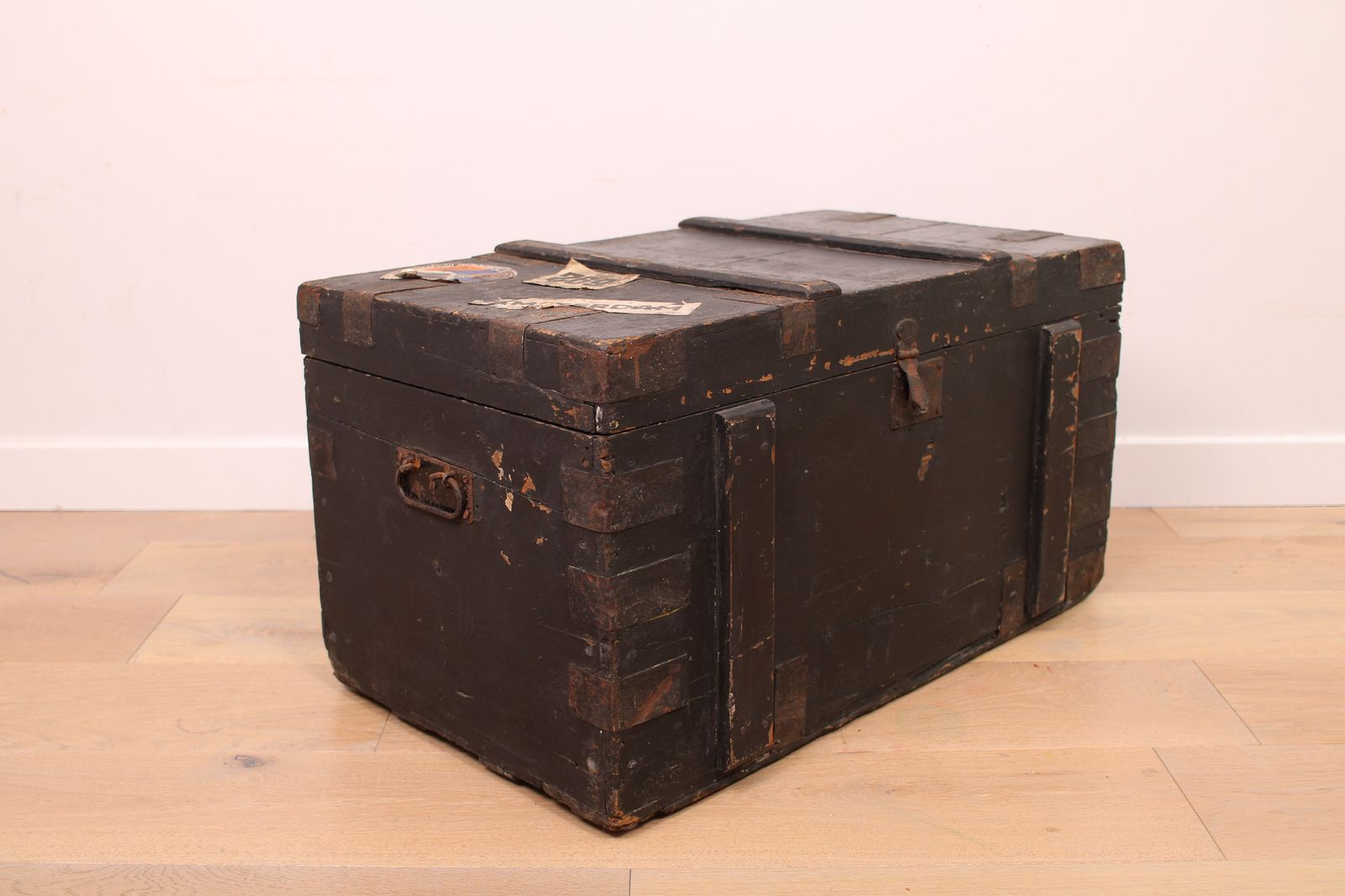 photo for sale A Vintage Black Wooden Trunk With Hinged Lid   Blanket Box   Log Storage