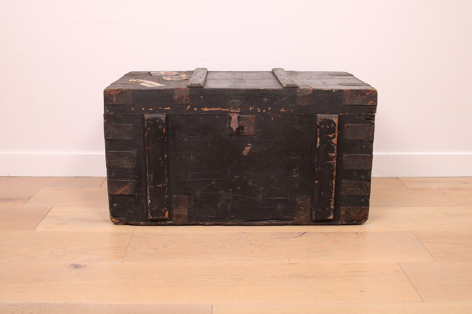 Furniture A Vintage Black Wooden Trunk With Hinged Lid   Blanket Box   Log Storage photo
