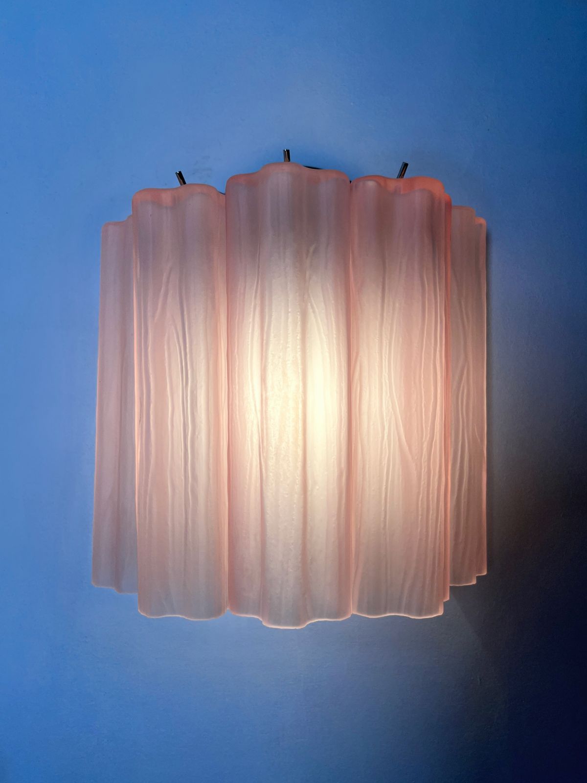 Fantastic Pair Of Murano Glass Tube Wall Sconces   5 Pink Etched Glass Tube photo for sale