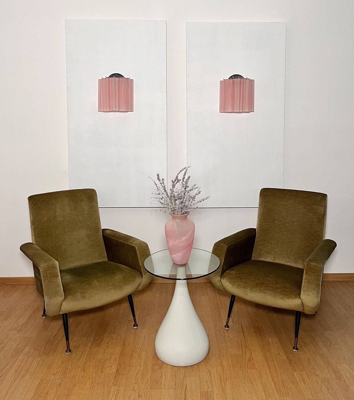 Fantastic Pair Of Murano Glass Tube Wall Sconces   5 Pink Etched Glass Tube photo vinterior
