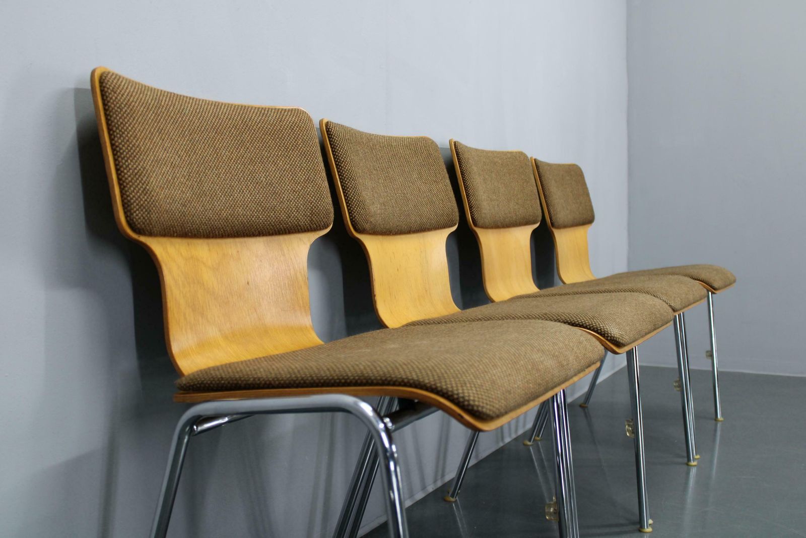 1970s Set Of Four Plywood Chairs With Fabric Upholstery , Germany photo for sale