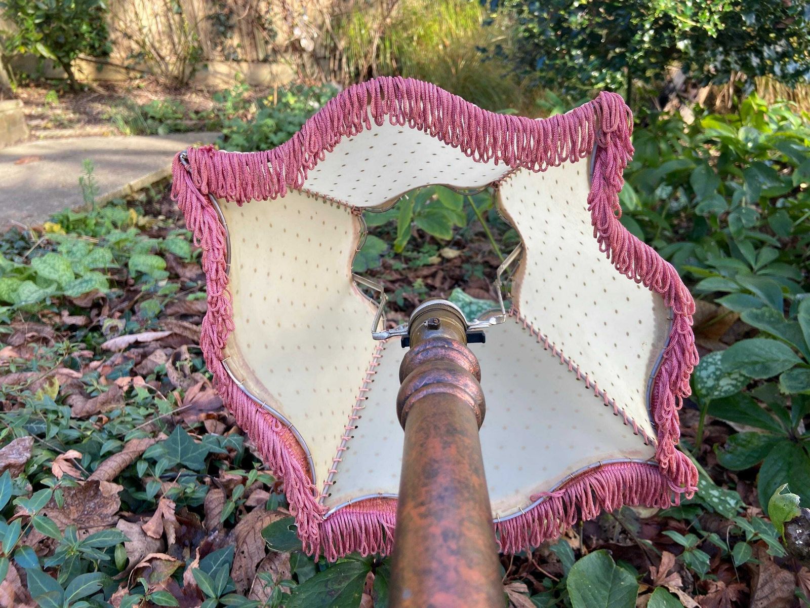 photo for sale Vintage 1920s Cream Mica Or Celluloid Table Lamp Shade With Gold Polka Dots, Pink Thread, And Fringe – Unusual Shape With Curved Sides