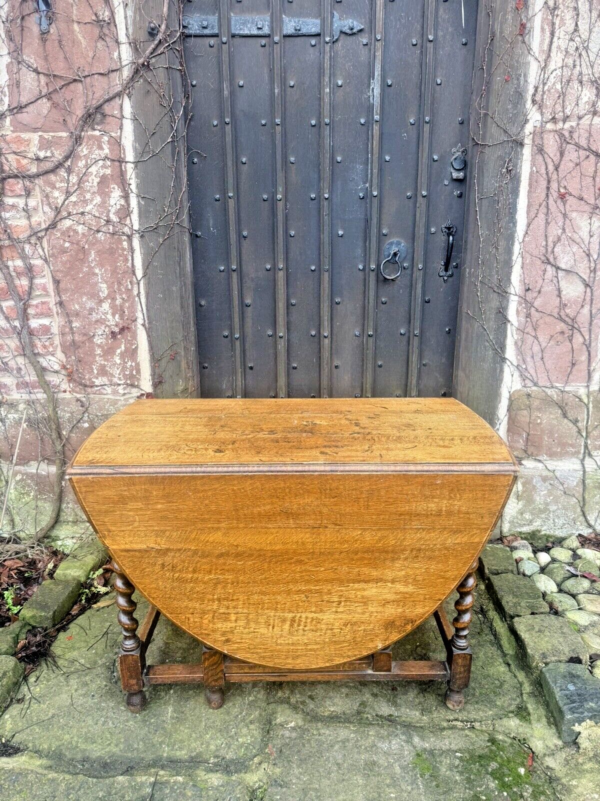 photo for sale Antique English Barley Twist  Oak Rustic Farmhouse Gateleg Dining Kitchen Table