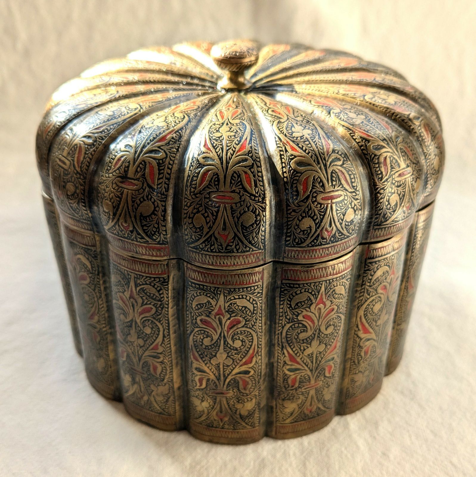 Antique Islamic Indian Mughal Style Engraved Brass Betalnut Pandan Box