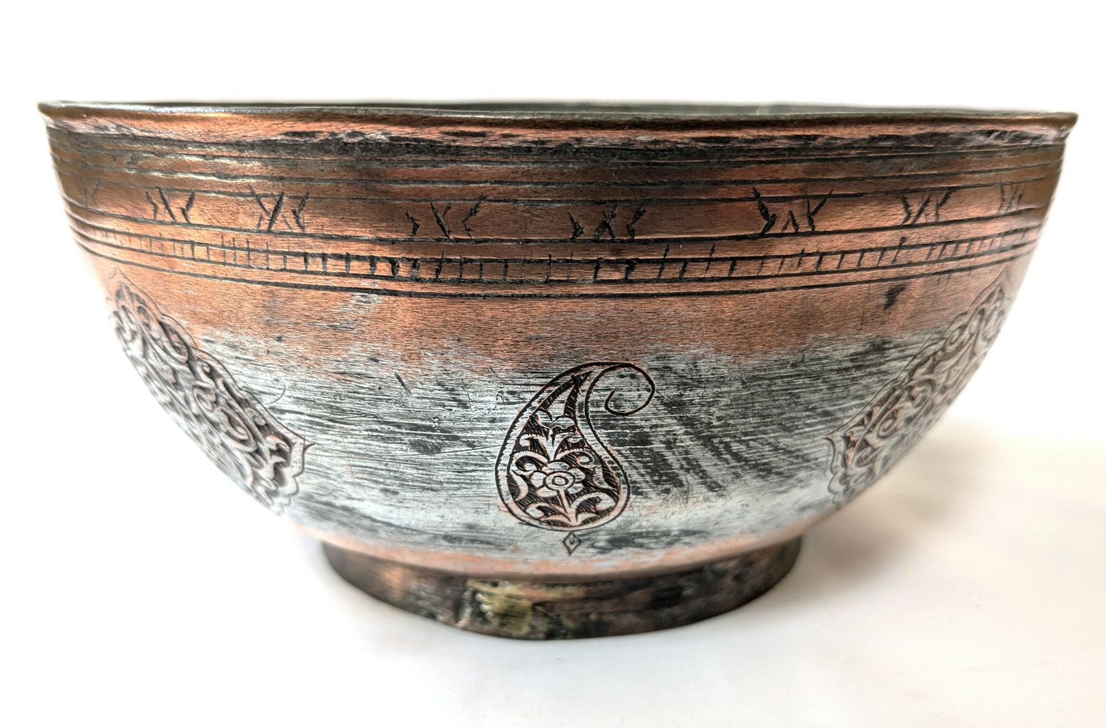 photo for sale Antique Islamic Safavid Tinned Copper Engraved Bowl