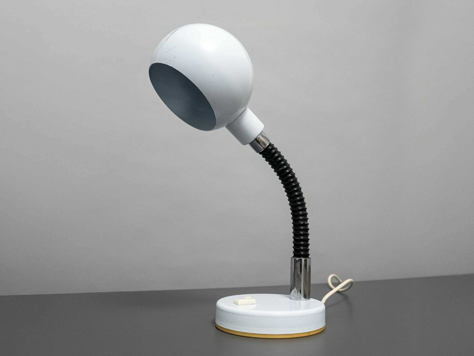 White Black And Chrome Eye Ball Vintage Mid Century Goose Neck Desk Lamp, 1970s: Stylish Illumination For Home Decor photo furniture