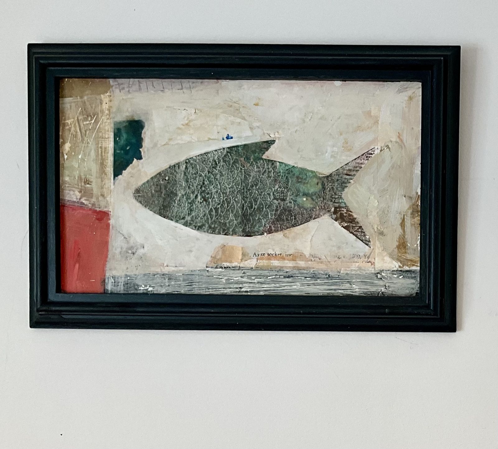 The Fish.   Painting In Acrylic And Collage On Board. Framed In A Wide Profiled Hand Painted Vintage Frame. photo Art