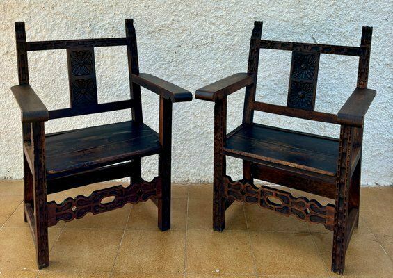 19th Century Spanish Colonial Carved Altar Armchairs With Wooden Seats, Set Of 2 photo furniture