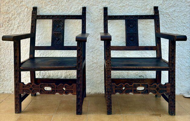 19th Century Spanish Colonial Carved Altar Armchairs With Wooden Seats, Set Of 2 photo buy