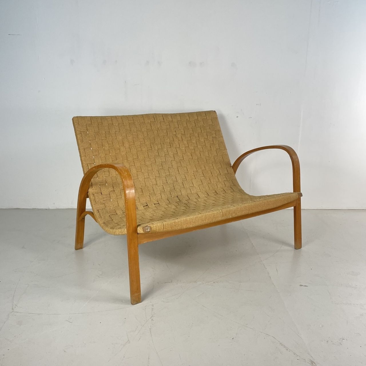 Mid Century Italian Wood And Chord Lounge Bench / Sofa