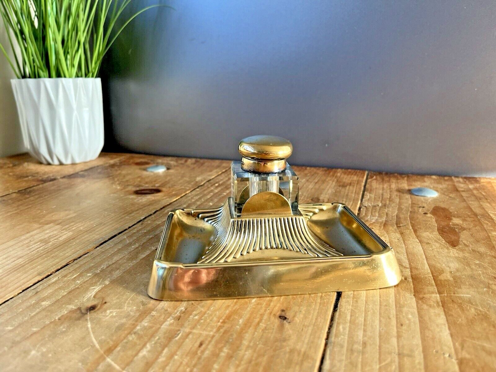 Antique Art Nouveau Jugendstil Brass Inkwell & Glass Liner Pot German Austrian photo furniture