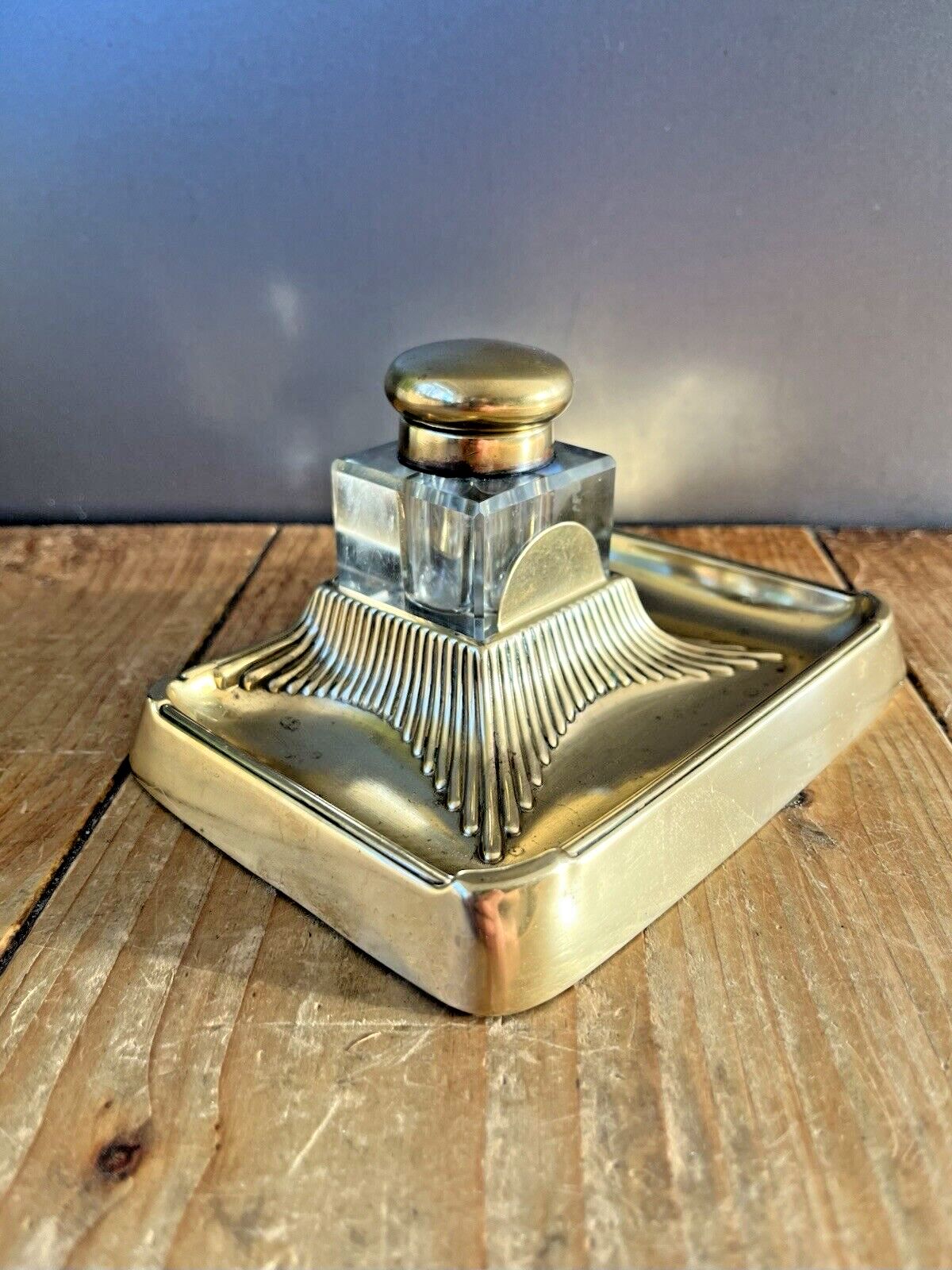 photo buy Antique Art Nouveau Jugendstil Brass Inkwell & Glass Liner Pot German Austrian