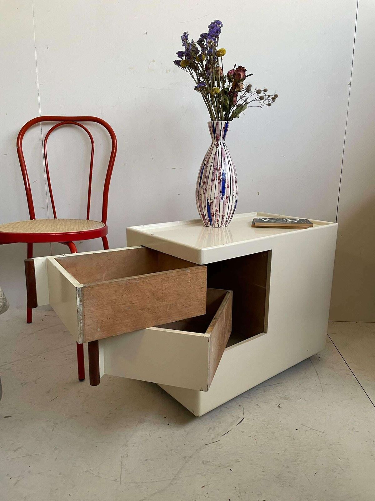 Vintage Wooden Modernist Rolling Storage Unit Side Table With Drawers For Craft Arts Or Sewing photo 285.0