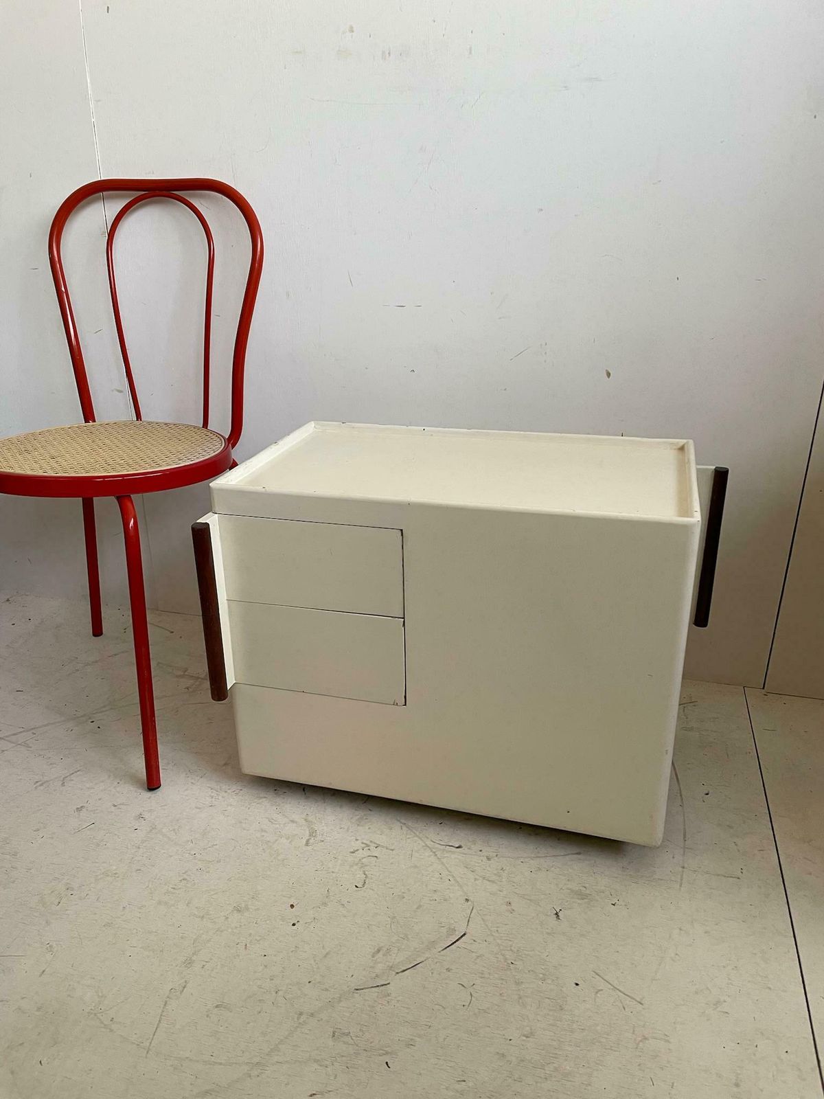Vintage Wooden Modernist Rolling Storage Unit Side Table With Drawers For Craft Arts Or Sewing photo vinterior