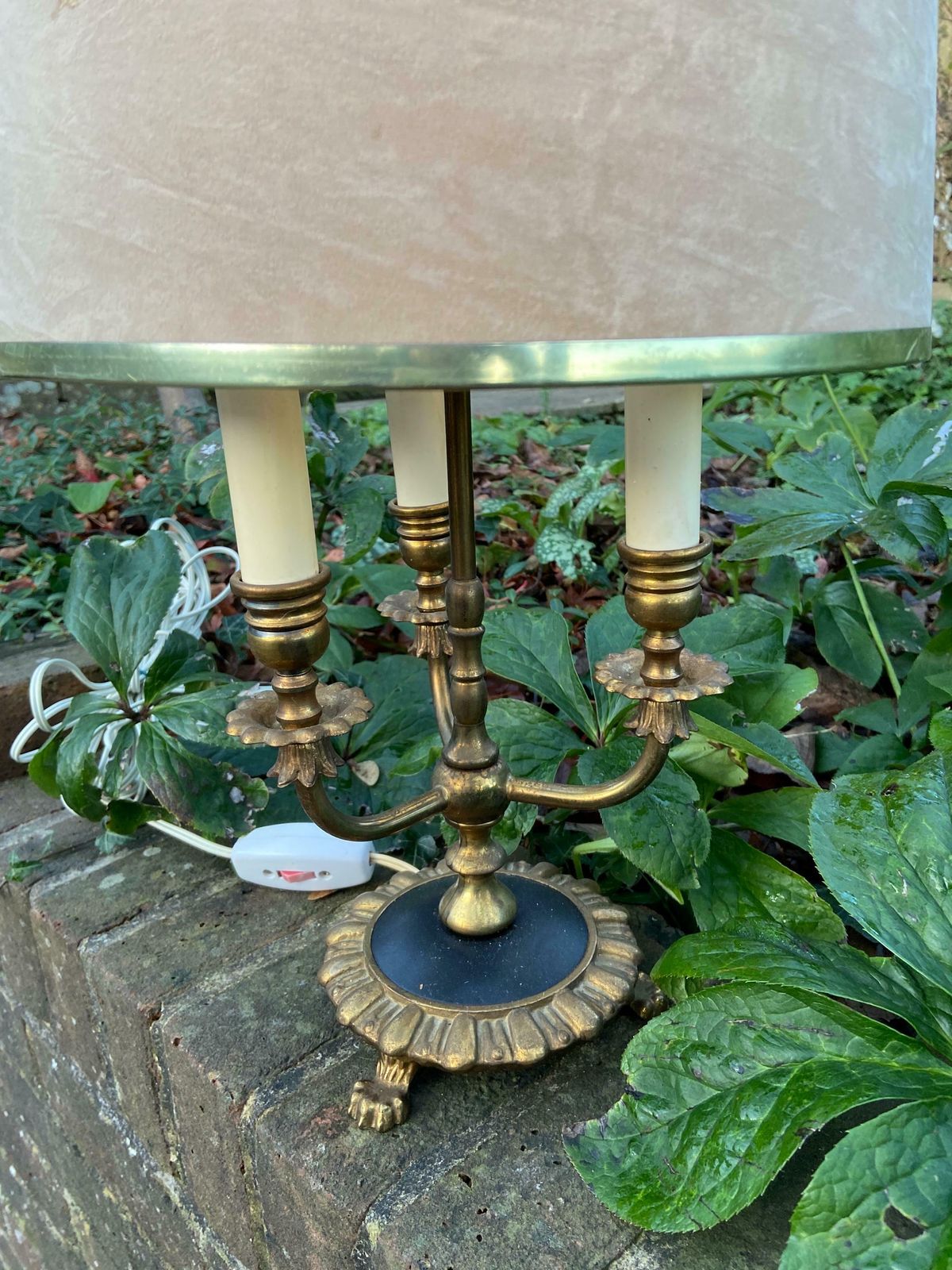 Antique French Bouilotte 3 Armed Brass Office Table Lamp, Heavy Quality, Newer Vintage Shade, Ebony Black Detailed Base With Lion Paw Feet photo 195.0
