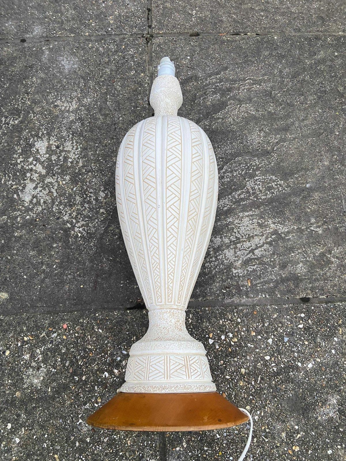 Super Tall Retro 1970s White Pottery Table Lamp On Wooden Base   Vase Style, Stickle Finish And Geometric Design   63 Cm Tall photo 175.0