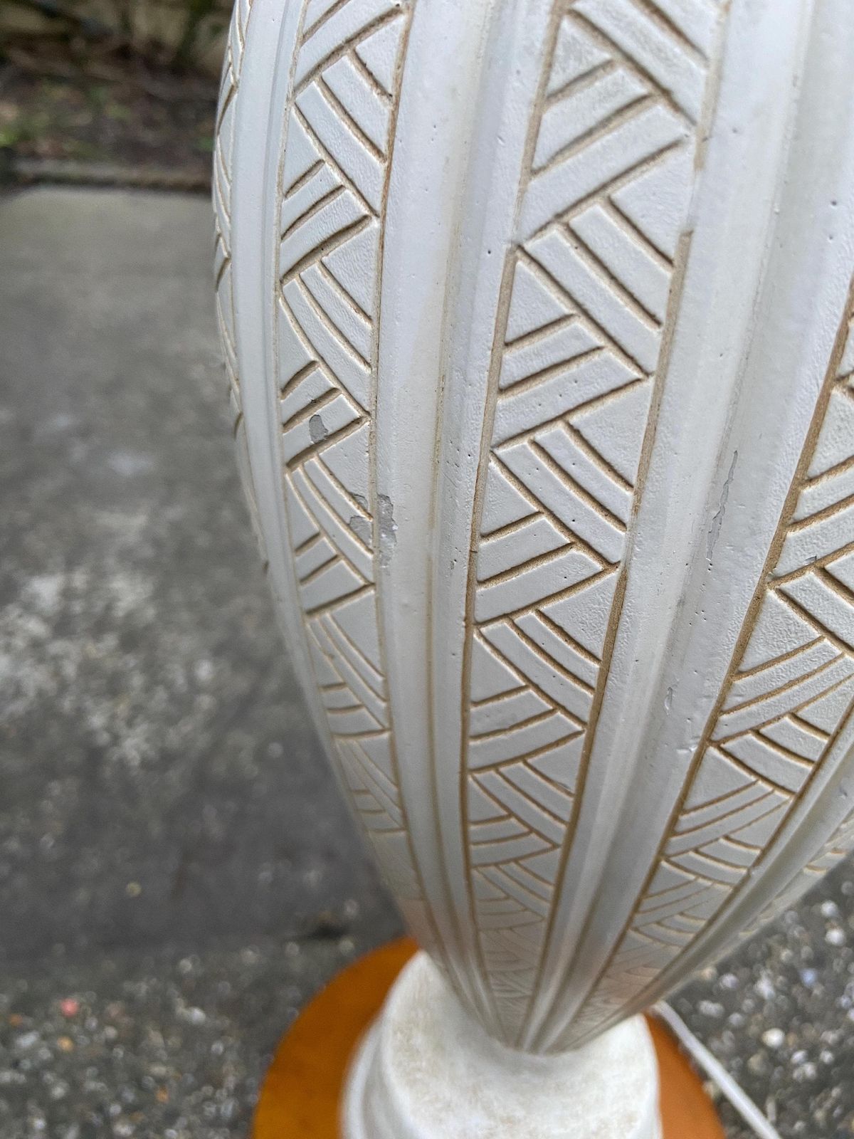 Super Tall Retro 1970s White Pottery Table Lamp On Wooden Base   Vase Style, Stickle Finish And Geometric Design   63 Cm Tall photo vintage